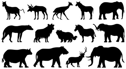 Obraz premium Diverse Wildlife Silhouette Collection, African Safari Animals and Forest Creatures Vector Set, Mammal Icons for Nature Graphics 4k