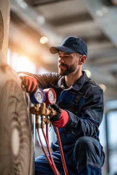 A professional technician installing refrigerant into a heat pump system, ensuring proper HVAC maintenance and efficient climate control in a residential or commercial setting.
