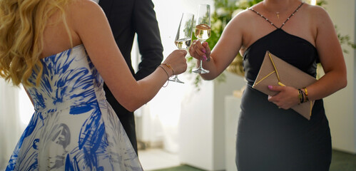 Elegant guests toasting with champagne glasses at a luxury wedding reception, celebrating success with sparkling wine in bright, festive ambient lighting. © samy