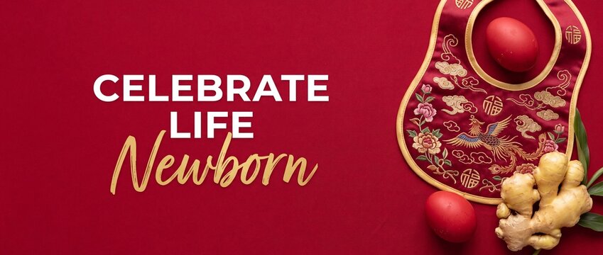 Chinese newborn red egg ginger celebration flat lay banner background featuring embroidered traditional baby bib for full month man yue ceremony party greeting card layout with copy space.
