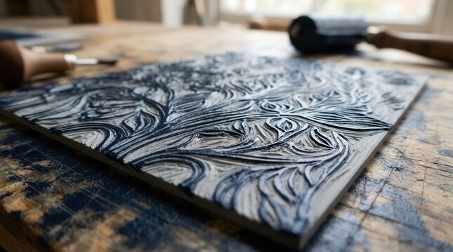 Close-up of a carved linoleum block with intricate floral patterns on a wooden table.