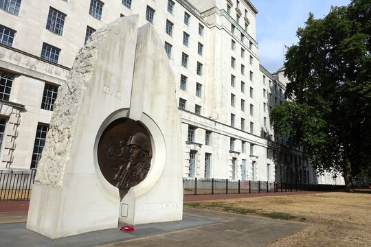 The Iraq and Afghanistan Memorial is located in Victoria Embankment Gardens in London, next to the Ministry of Defence headquarters