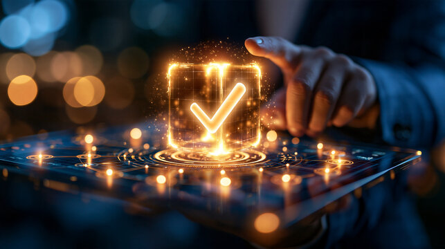 Bright close up of a businessman's finger pressing a glowing checkmark icon on a digital planning dashboard, faceless composition, strategy development, planning, fresh beginning