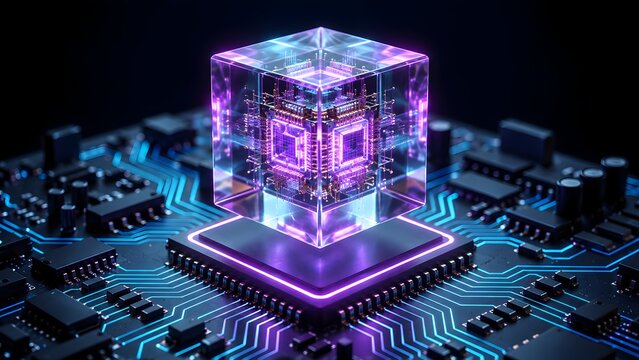 Glowing transparent digital cube containing advanced microprocessor on computer motherboard representing quantum computing and data processing