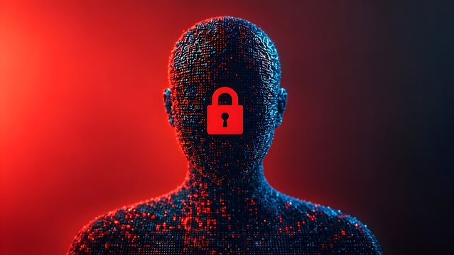 Digital human silhouette made of data particles with a red padlock icon representing personal privacy and biometric identity security