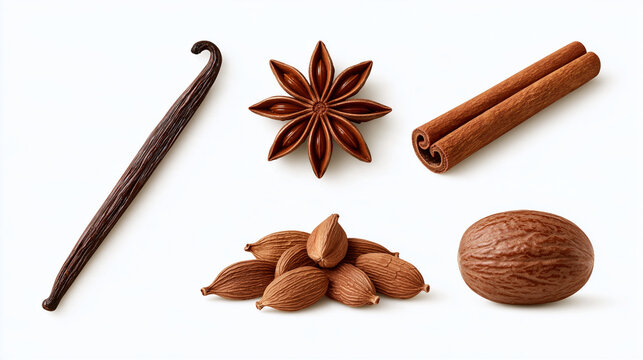 hand-drawn illustration, a whole vanilla pod, dried star anise, a cinnamon stick, cardamom pods, a whole nutmeg, in grid, isolated on a white background