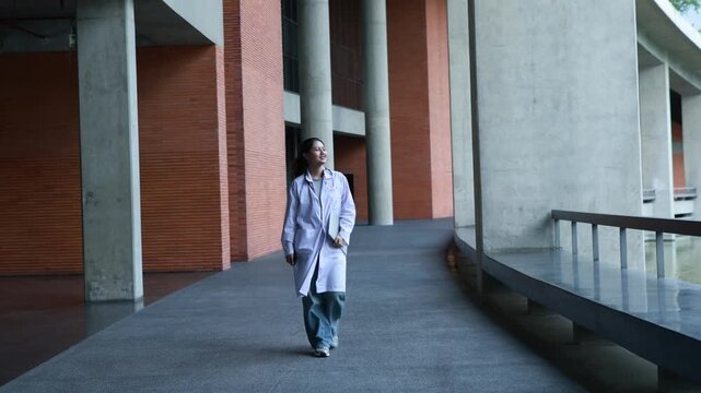 Asian female medical students walk modern university or medical school building wearing their medical uniforms signifying their dedication education and new beginning.