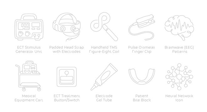 Medical Device Icons: ECT Machine, EEG Cap, TMS Coil, Electrodes, Brain Scan, Neural Network, Patient Mouth Guard, Medical Cart, Injection Tube