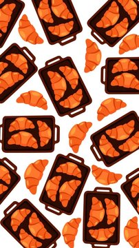 Warm animated croissants and baking trays create a playful seamless food pattern