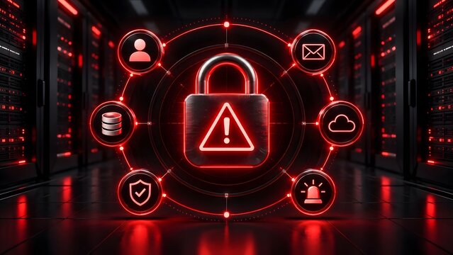 Critical cybersecurity threat detection alert displaying compromised network nodes and server vulnerability warning