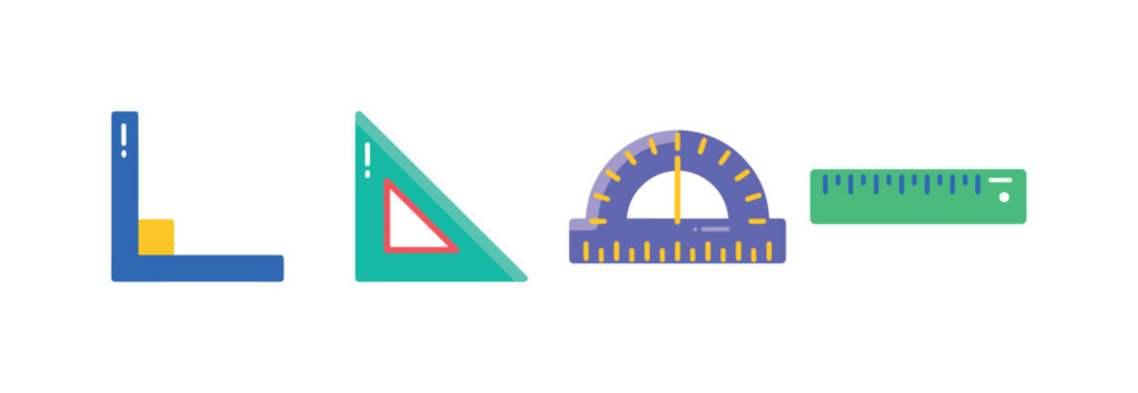Right Angle Geometry, bright flat vector icon set featuring right angle corner, set square, protractor, ruler, covering ninety-degree angle, geometry, mathematics, engineering, architecture and