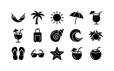 Obraz premium Beach Hammock Relaxation, solid glyph icon set featuring hammock, palm tree, sun, beach umbrella, tropical drink, suitcase, seashell, wave, covering hammock, beach relaxation, summer vacation,