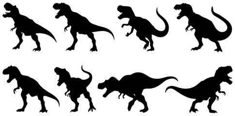 Fototapeta premium Tyrannosaurus Rex Dinosaur Silhouettes Collection, Prehistoric Reptile Vector Icons, Jurassic Era Creature Poses, Black and White Graphic Elements for Educational and Design Projects