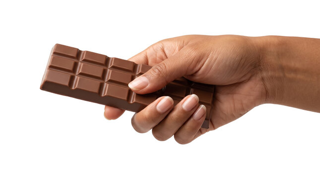 Milk chocolate bar with smooth square segments gripped between fingers as an isolated transparent background PNG for commercial design use