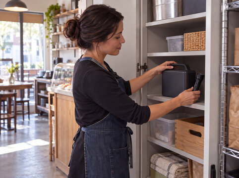 Cafe owner storing a backup battery in a backroom cabinet
