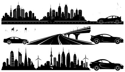 Urban Cityscape Silhouettes, Modern Architecture & Sports Cars, Highway Overpass, Vector Graphics for City Life and Transportation Themes © Munna