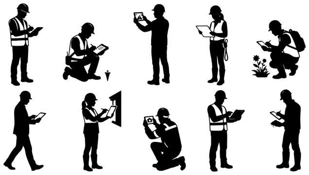 Construction Worker Silhouettes, Diverse Poses with Tablets and Tools, Safety Vest and Hard Hat Icons, Site Inspection and Surveying Vector Set