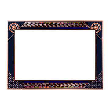 Elegant art deco rectangular frame with rose gold metallic border and navy blue decorative elements transparent background