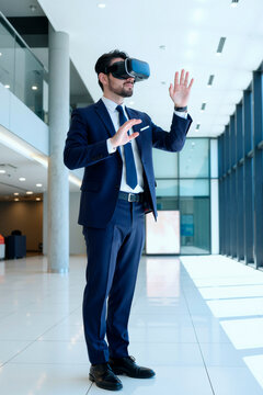 Vertical shot of young adult Caucasian businessman wearing virtual reality headset in modern office, gesturing with hands during simulation for corporate training or tech marketing