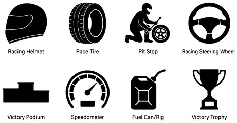 Fototapeta premium Motorsport Icons Set: Racing Helmet, Tire, Pit Stop, Steering Wheel, Podium, Speedometer, Fuel Can, Trophy Vector Graphics