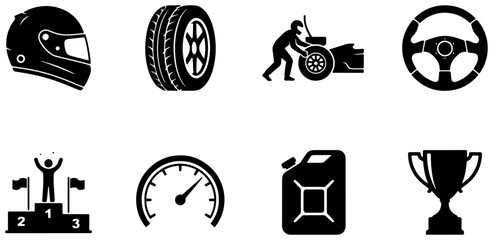 Fototapeta premium Motorsport Icons Set: Racing Helmet, Tire, Pit Stop, Steering Wheel, Podium, Speedometer, Fuel Canister, Trophy