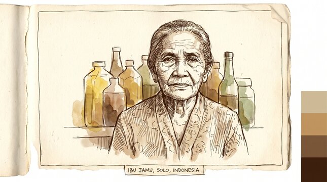 Vintage Ink Portrait of Ibu Jamu Solo Indonesia with Multiple Herbal Bottles and Color Palette Strip &mdash; Traditional Javanese Herbal Medicine Woman Illustration on Aged Notebook