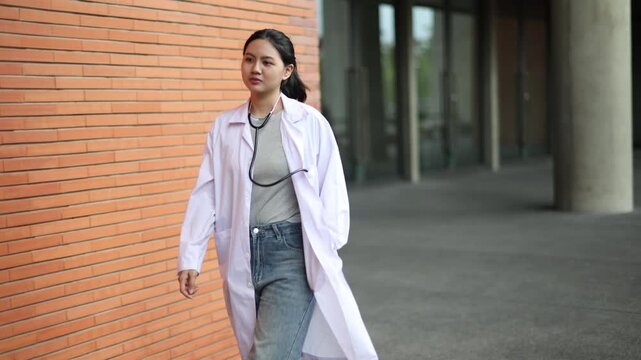 Asian female medical students walk modern university or medical school building wearing their medical uniforms signifying their dedication education and new beginning.
