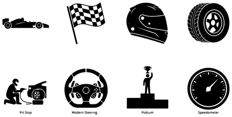 Fototapeta premium Formula 1 Racing Icons Set: Speedometer, Podium, Pit Stop, Helmet, Tire, Steering Wheel, Race Car, Checkered Flag Vector Graphics