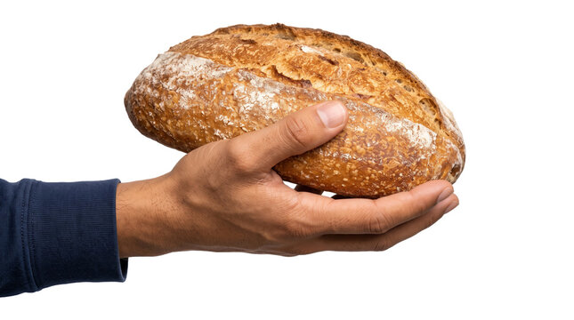 Rustic bread loaf dusted with flour and held gently in a hand showing artisan baking as a PNG isolated transparent background