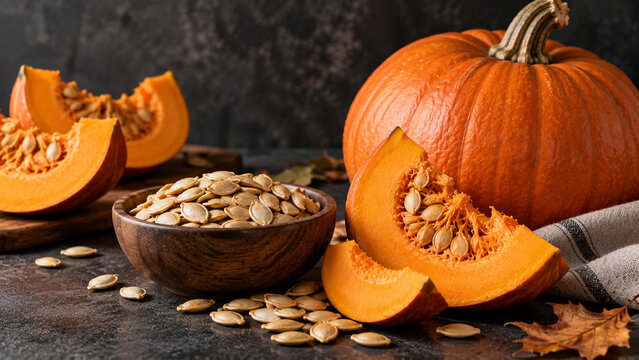 fresh pumpkin slices and seeds with whole pumpkin on dark rustic background