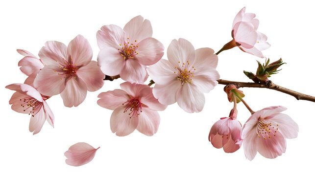 Delicate pink cherry blossom flowers on a brown tree branch with a single petal
