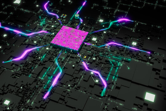 Microchip with neon light trails on a Black circuit board