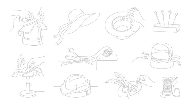 Millinery Craftsmanship Vector Icons: Hat Making Process, Sewing Tools, Elegant Headwear Design Elements, Fashion Accessories Collection