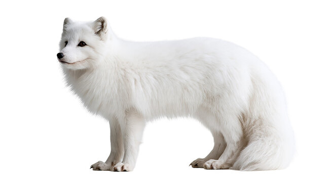 Full body side view of a fluffy white arctic fox standing