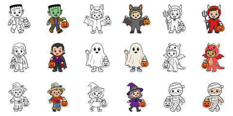 Fototapeta premium A collection of cute cartoon Halloween characters in costume, including vampires, monsters, ghosts, and devils, each holding a treat bag.