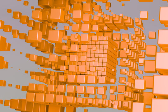 Orange abstract 3d cubes floating in geometric pattern