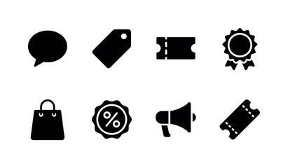 Obraz premium Retail Quote Discount, solid glyph icon set featuring quote bubble, price tag, coupon, retail badge, shopping bag, percent seal, megaphone and ticket, covering 10 percent sale concept, promotion