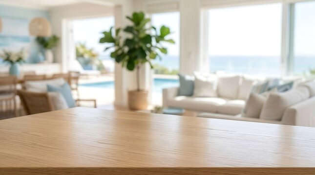 Empty wooden table top in modern blurred coastal living room interior background for product display presentation mockup