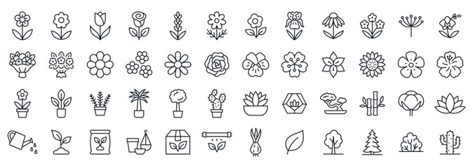 Obraz premium Flowers, Plants line icon set. Rose, tulip, lavender, daisy, sunflower, lotus, cactus, succulent, bonsai and gardening tools linear minimal vector illustration. Simple outline signs. Editable Stroke.