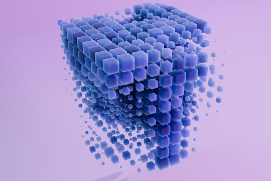 Blue 3d cubes floating in abstract render background
