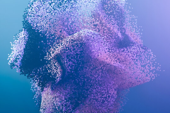 Digital abstract render of floating purple particles on blue gradient