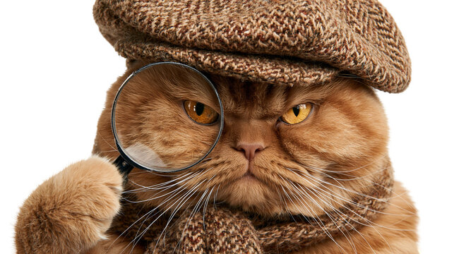 Ginger British Shorthair cat wearing a tweed flat cap and scarf holding a loupe