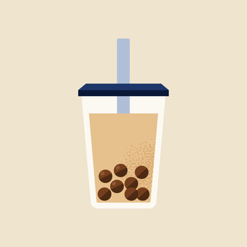 Brown Sugar Milk Tea Cup with Boba Pearls and Straw on Beige Background, Tan Navy Brown Palette, Flat Vector Illustration