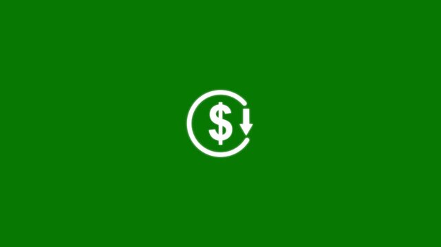 Abstract decrease icon on green background. Dollar rate down looped icon. Reduce costs sign and symbol. 4k video animation