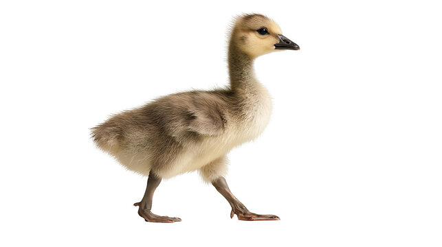 Fluffy yellow and grey gosling walking on white