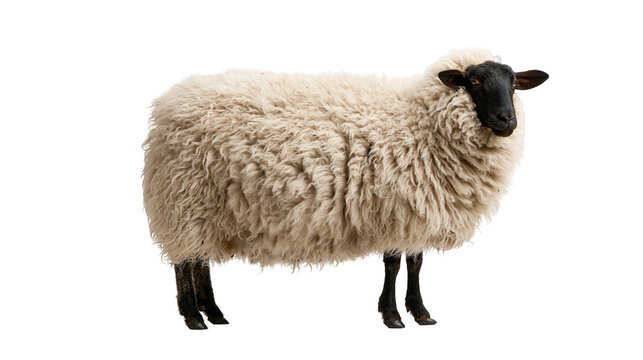 Fluffy Suffolk sheep with thick beige wool and black head and legs