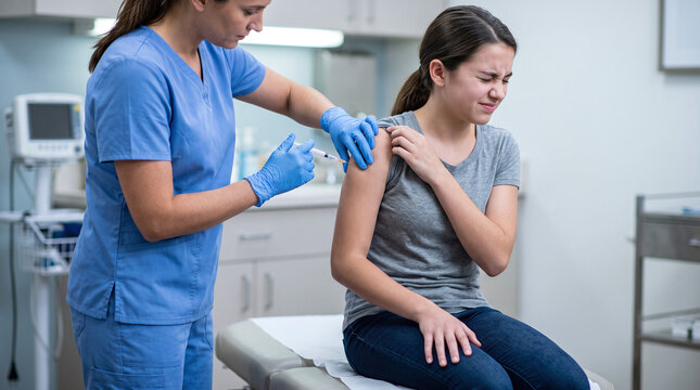 Teenage girl closes her eyes during an injection, hand on knee