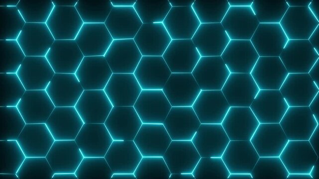 Abstract Colorful Glowing neon line Wall of Random shifted neon honeycomb hexagon background metaverse, hexagon technology ,streaming concept. 4K Video motion graphic animation .Video overlay