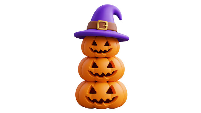 Stacked Halloween jack-o-lantern pumpkins wearing a purple witch hat