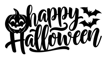 Happy Halloween typography design with a smiling jack-o-lantern and flying bats © Cressida